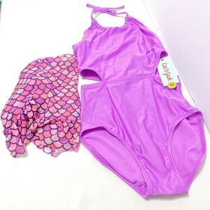 Cat & Jack Purple One Piece Swimsuit w/ Mermaid Skirt Wrap Girls Large 10-12 NWT